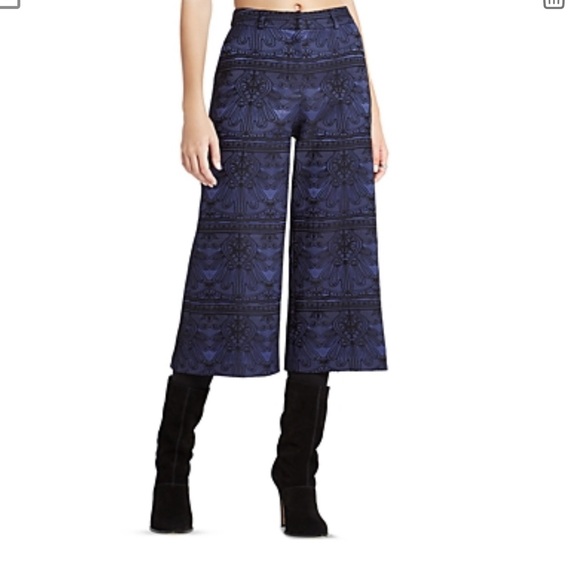 BCBGeneration Pants - BCBGeneration Brocade Jacquard Culottes Blue Wide Leg Cropped Pants